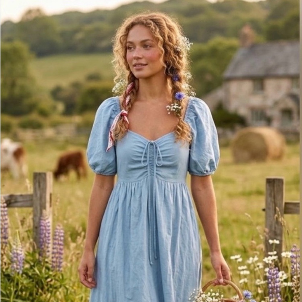 Sim & Sam Blue Puff Sleeve Smocked Back Babydoll Mini Dress XS Cottagecore